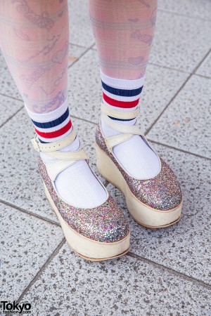 Harajuku Girl in Cherry Sweater, Pompom Skirt & Tokyo Bopper Glitter ...