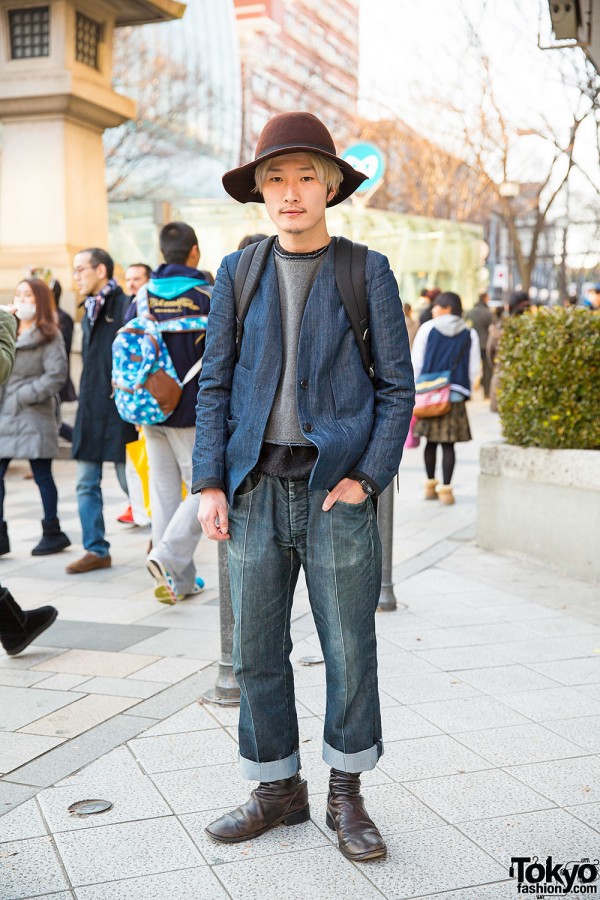 Harajuku Guy in Denim & Hat w/ Undercover Backpack & Guidi Boots