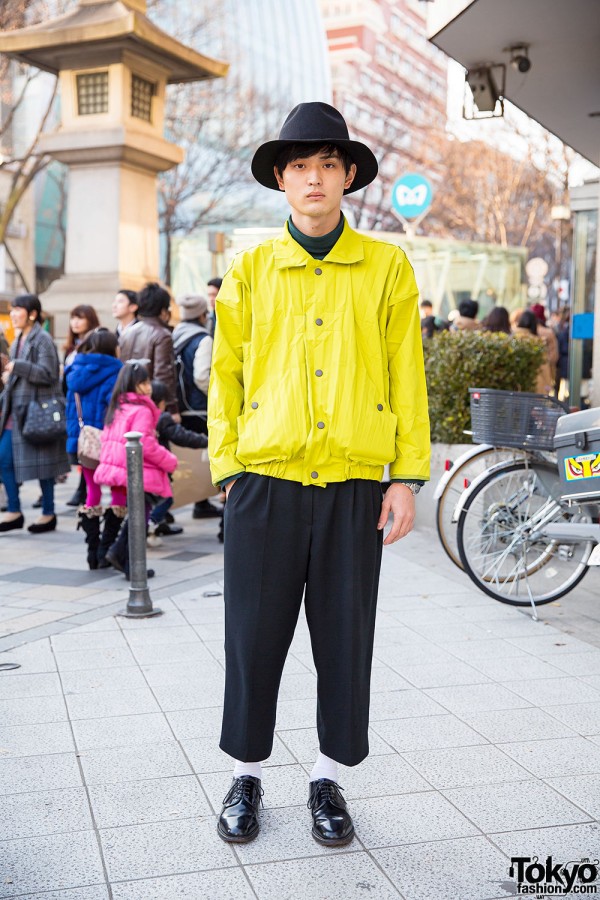 Neon Issey Miyake Jacket, Cropped Pants & Oxfords in Harajuku