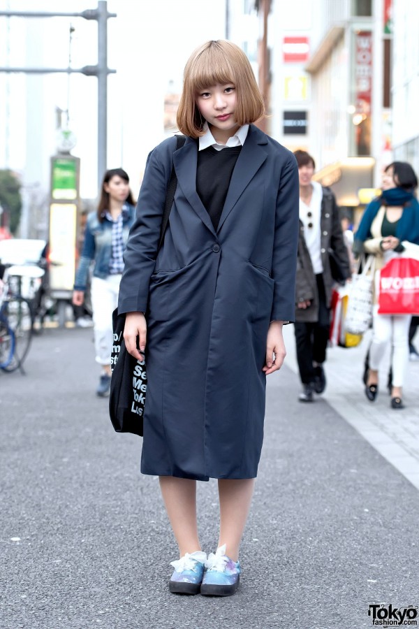 Harajuku Girl w/ Blonde Bob, Maxi Coat, Galaxy Print & Ribbon Laces