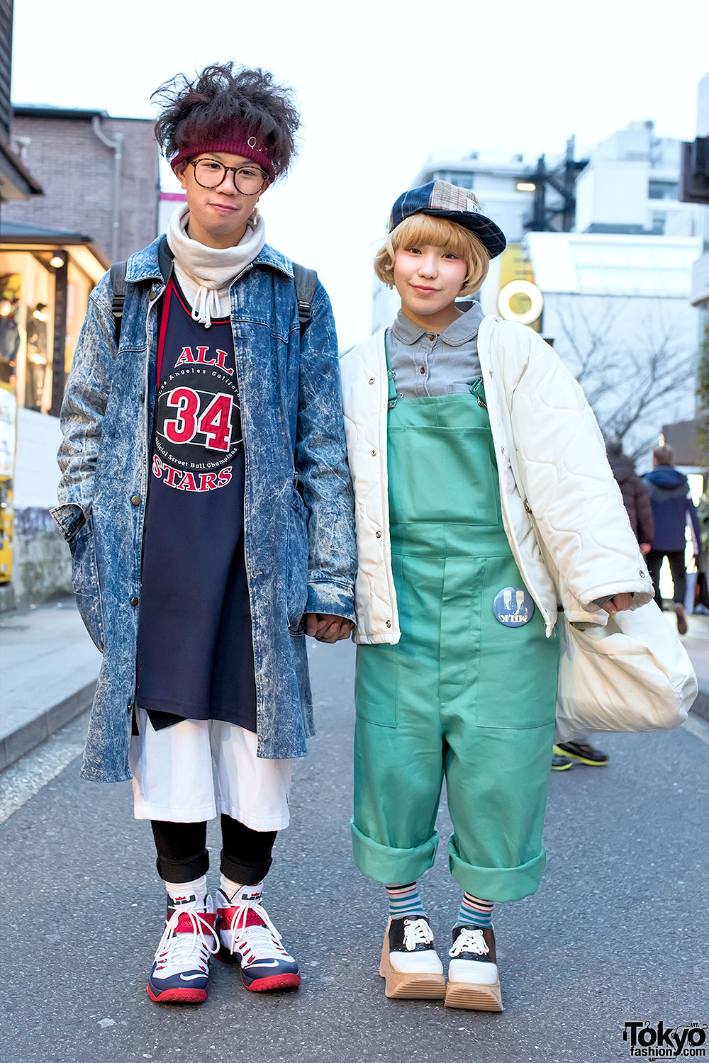 Resale-Loving Harajuku Duo in Overalls, Acid Wash, Quilted Jacket ...