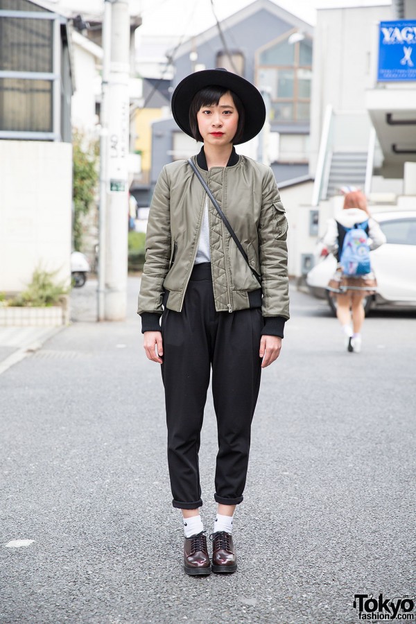 Harajuku Girl in Bomber Jacket, Hat & High Waist Pants