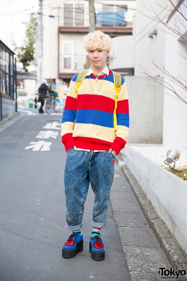 Harajuku Guy in Resale Striped Sweater, Ambush “POW!” Necklace & Underground Creepers