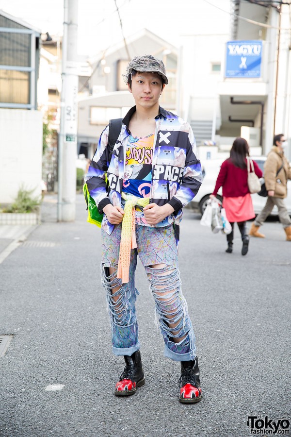 Safety Pins Hat, Comic Tee & Torn Jeans & Neon Backpack in Harajuku