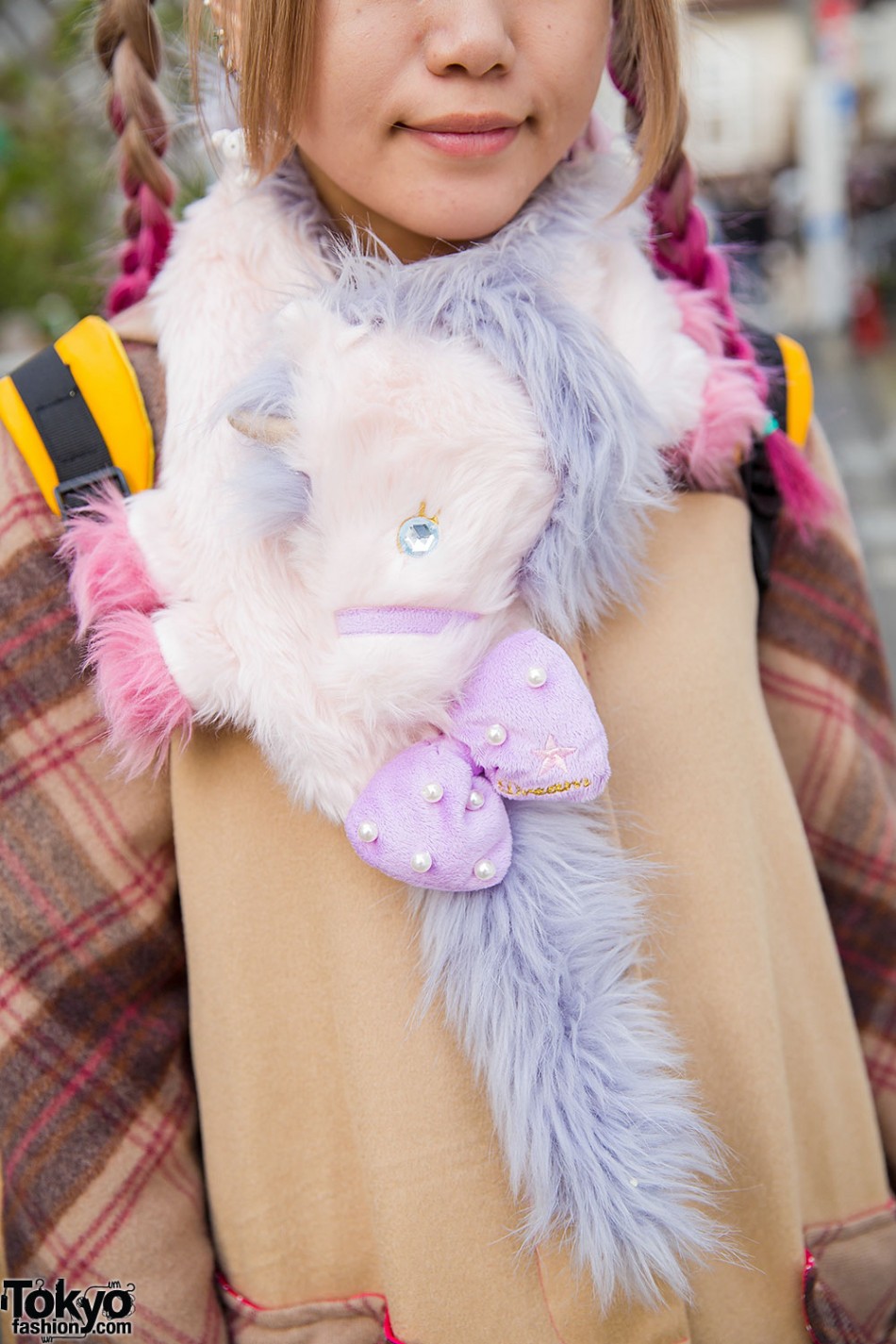 Harajuku Girl W Pink Twin Braids Unicorn Muffler And Handmade Plaid