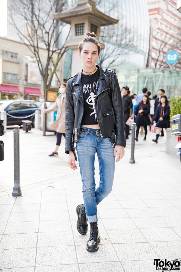 Sara Cummings in Harajuku w/ Biker Jacket, Jeans & Lace-up Boots