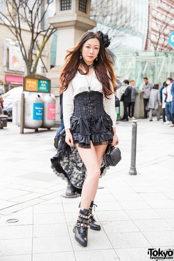 Harajuku Girl in High-Low Corset Dress, Floral Headpiece & Studded Boots