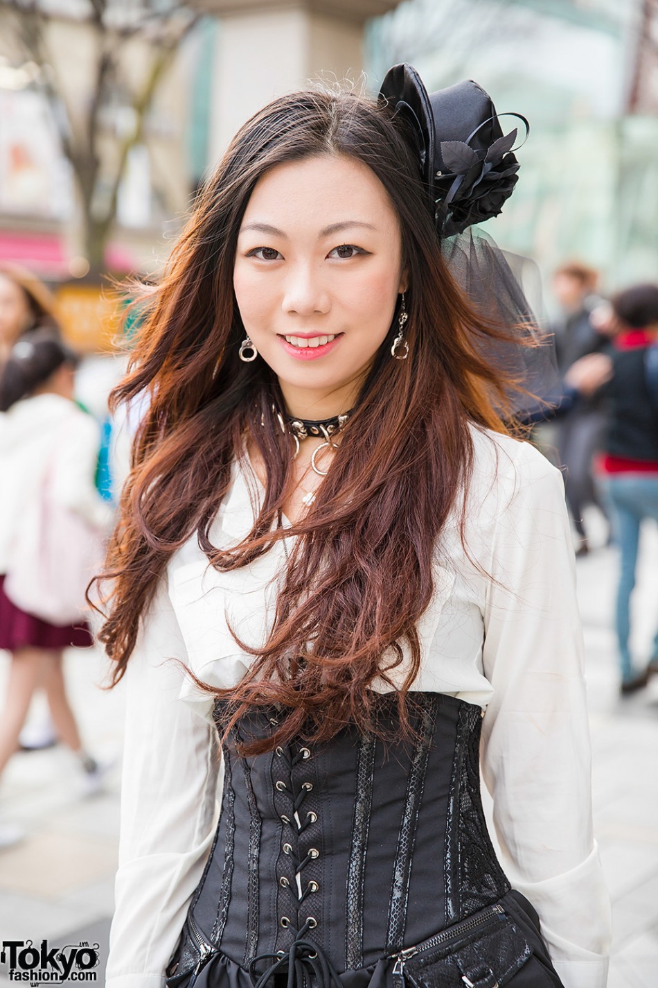 Harajuku Girl in High-Low Corset Dress, Floral Headpiece & Studded ...