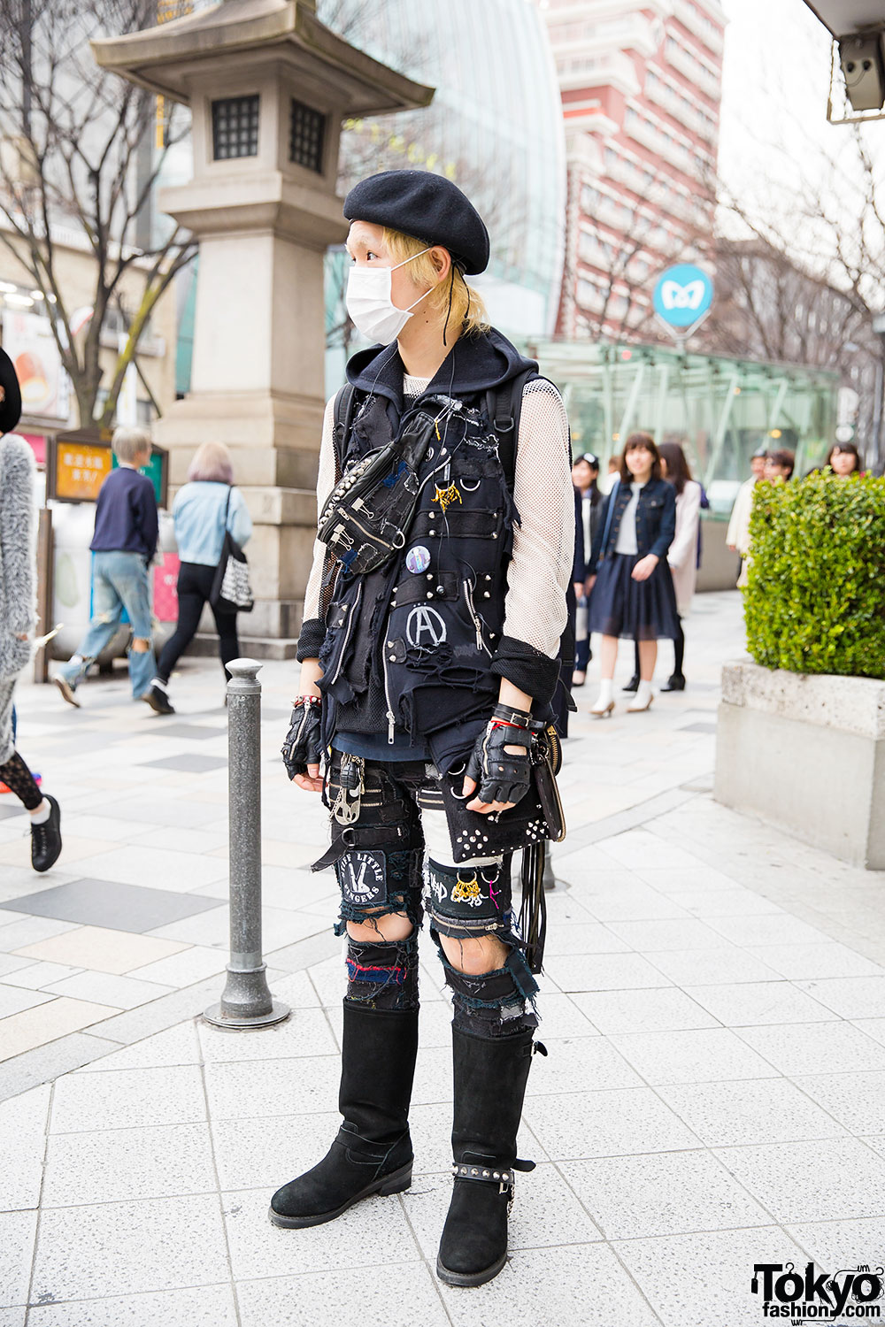 Harajuku Guy In Patched Punk Fashion W Beret And Boots