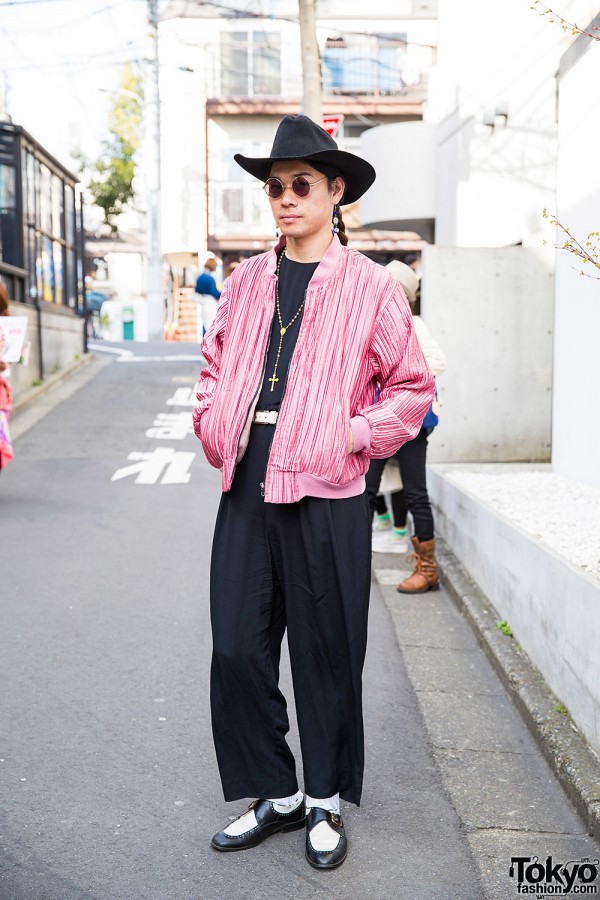 Punk Cake Harajuku’s Kinji in Cowboy Hat, Pink Bomber Jacket & Wide Leg Pants