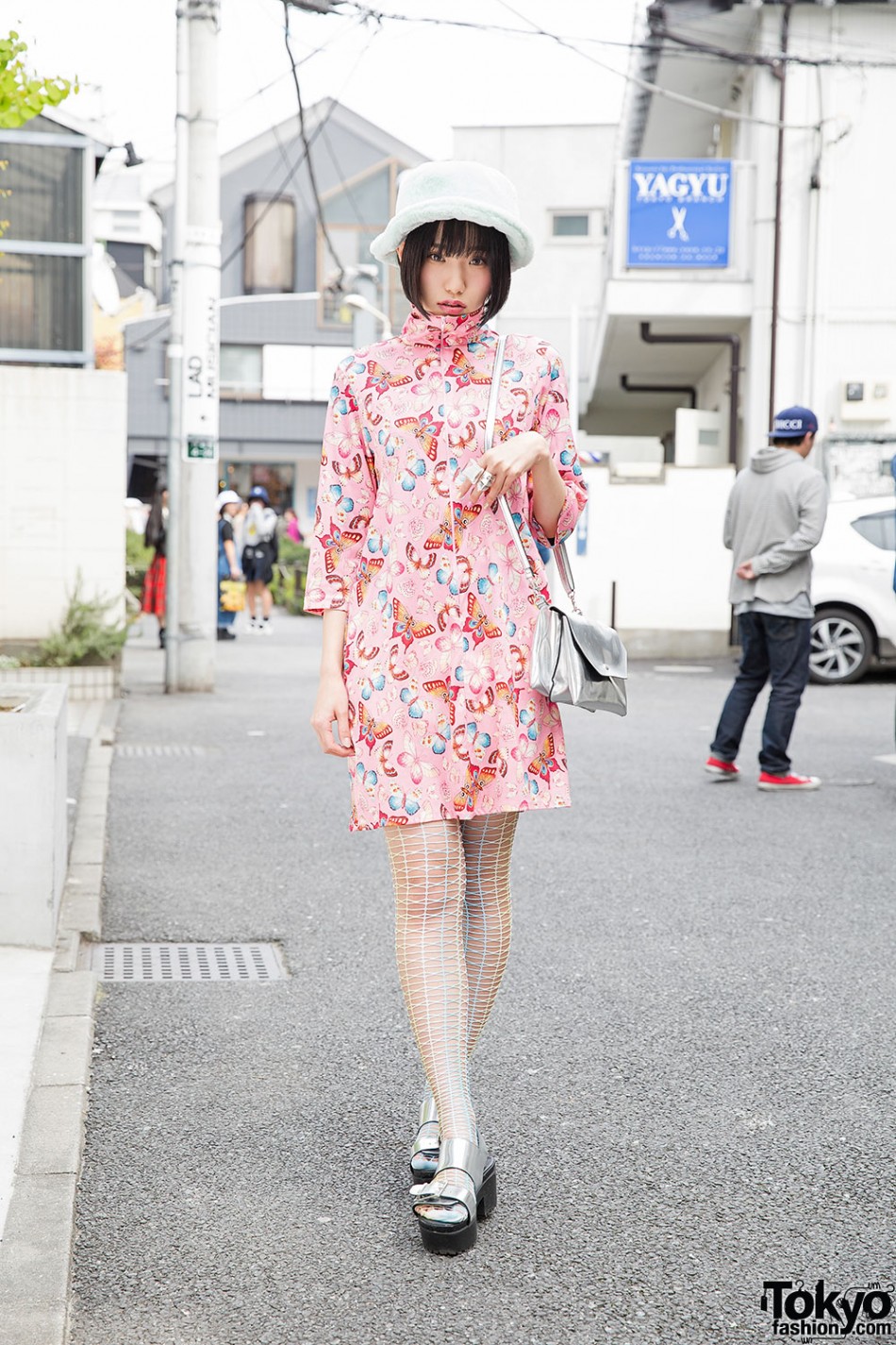 Mitake’s Butterfly Print Dress, Silver Bag & Silver Sandals in Harajuku ...
