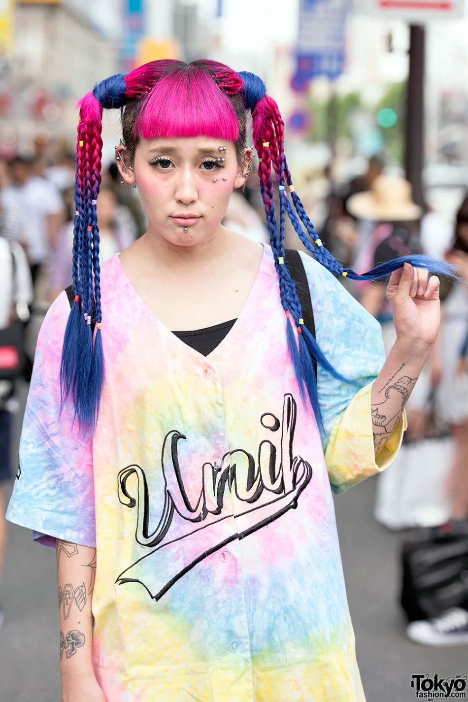 Pink-Blue Braids, Piercings, Tattoos, UNIF Tie Dye & YRU in Harajuku ...