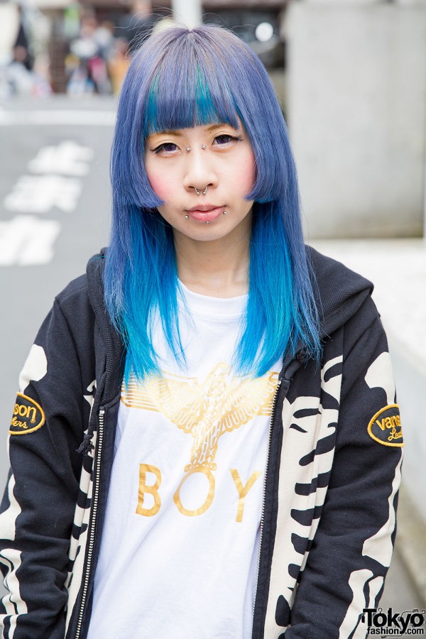 Harajuku Girl w/ Blue Hair, Piercings, Boy London Tee, Vanson Hoodie ...