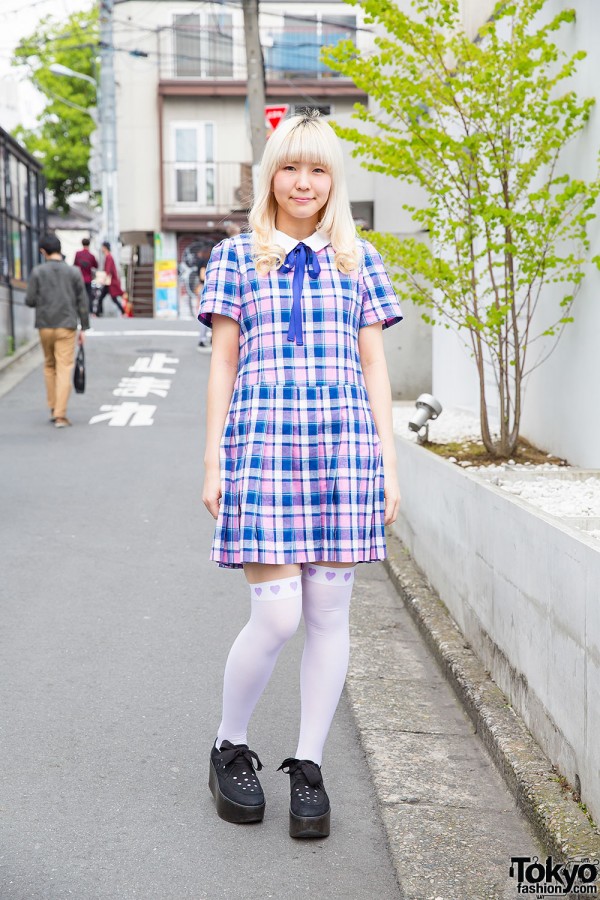Harajuku Girl in Candy Stripper Plaid Dress, Over-The-Knee Socks & Ribbon-Laced Platforms