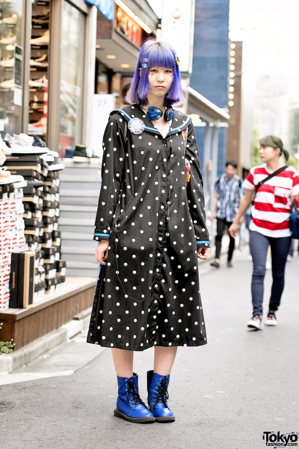 Polka Dot Sailor Dress, Purple Hair & 6%DOKIDOKI Bag in Harajuku