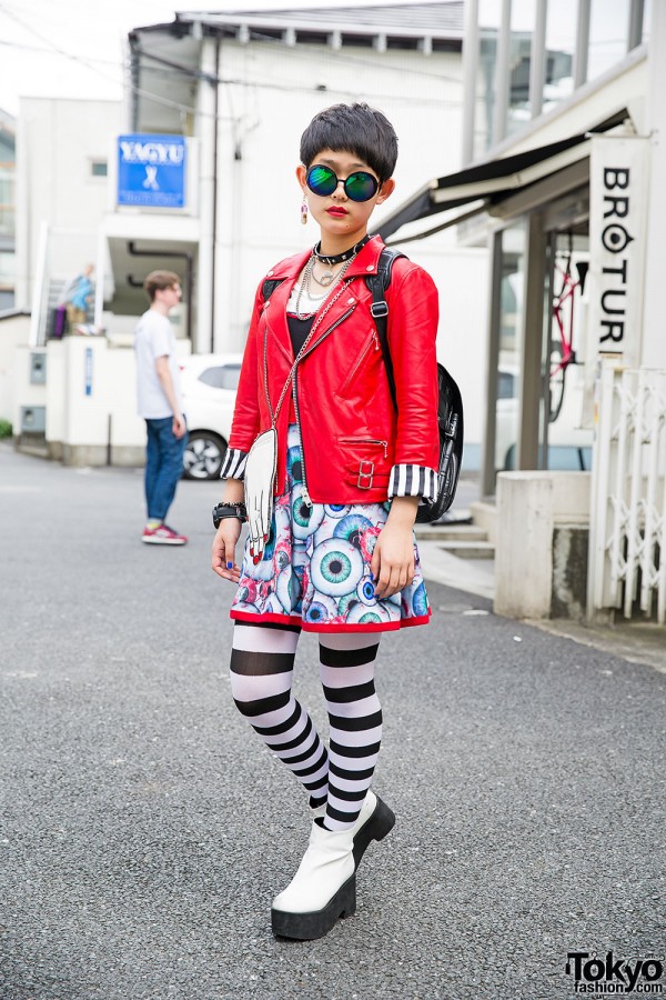 Harajuku Girl in Hellcatpunks Biker Jacket,Eyeball Dress & Studded Randoseru