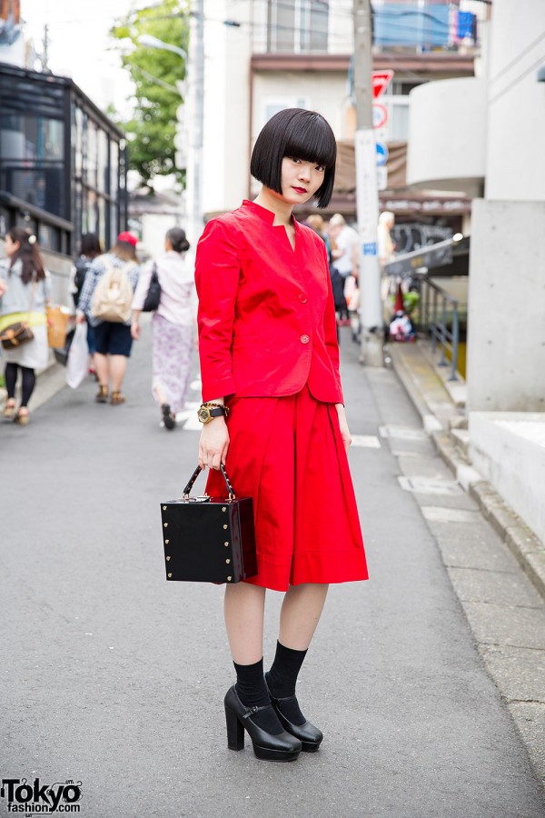 Harajuku Girl w/ Red Suit, Moussy Box Handbag, Mary Janes, & Bob Hairstyle
