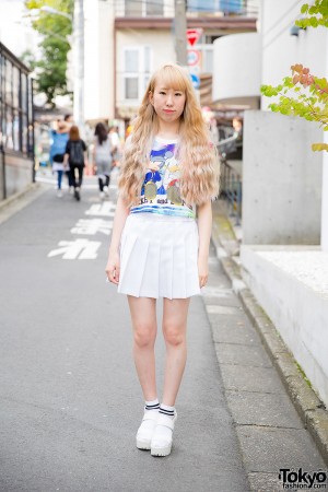 Harajuku Girl in Mickey & Donald Crop Top, Pleated Skirt & Socks w ...