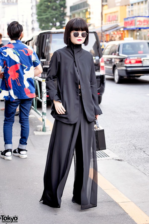 All Black Tokyo Style w/ Yohji Yamamoto Jacket, Sheer Pants & Box Purse
