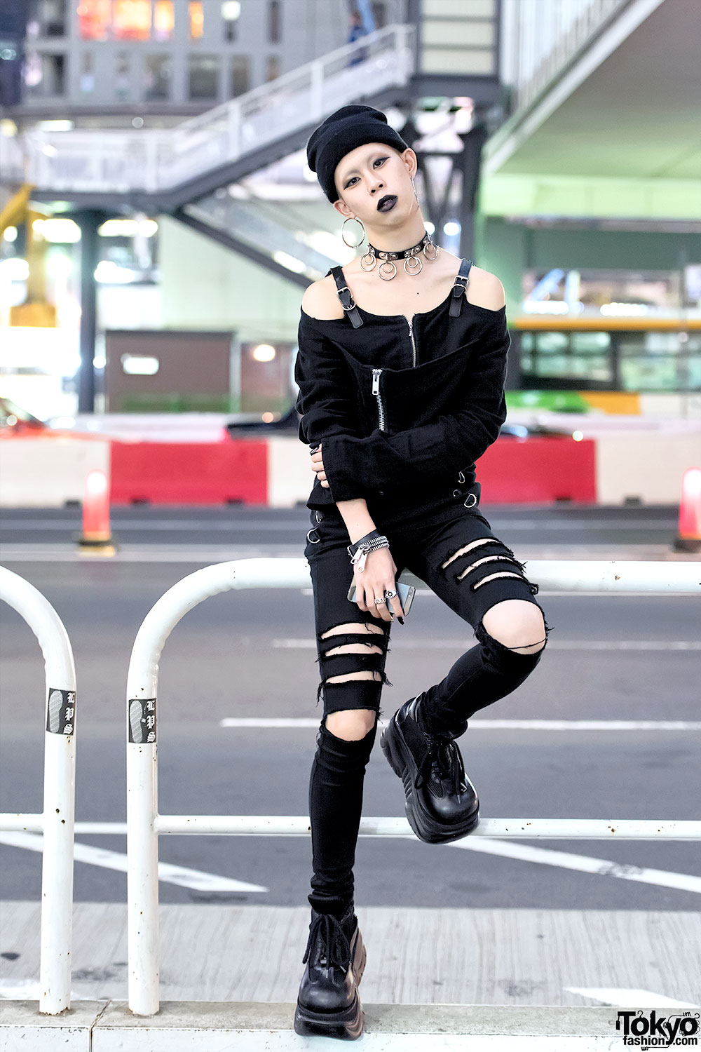Dark Tokyo Street Style w/ Black Lipstick, Fetis & Demonia Boots