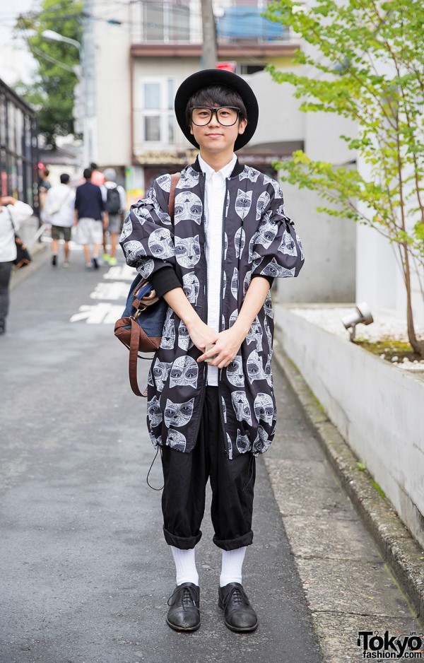 Harajuku Guy w/ Glasses & Bowler Hat in Cat Print Jacket, Y’s Pants & Uniqlo