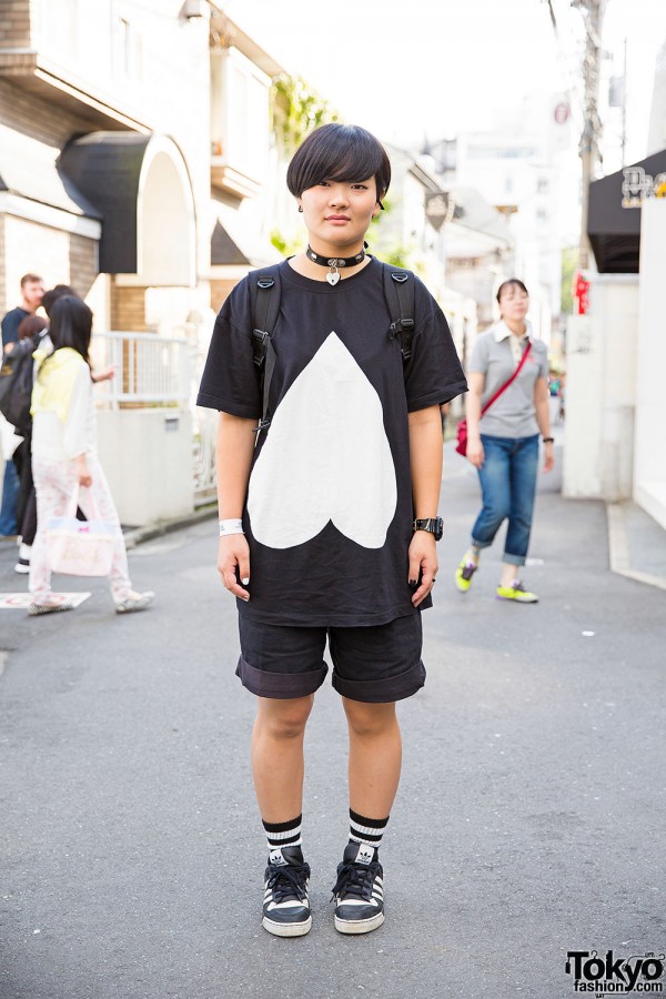 Harajuku Girl w/ All Black Resale Shorts, YakPack Backpack & Adidas Sneakers