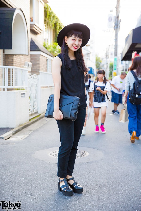 Harajuku Girl in All Black w/ Clutch, Hat, Platform Sandals, Uniqlo & WEGO