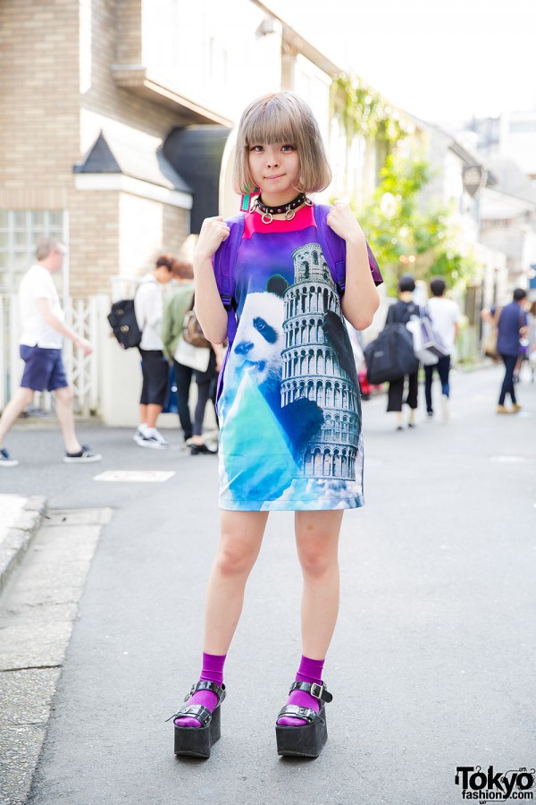 Kyary Fan in Harajuku w/ Panda x Pisa Dress, Yosuke Sandals, Monster Backpack & O-Ring Choker