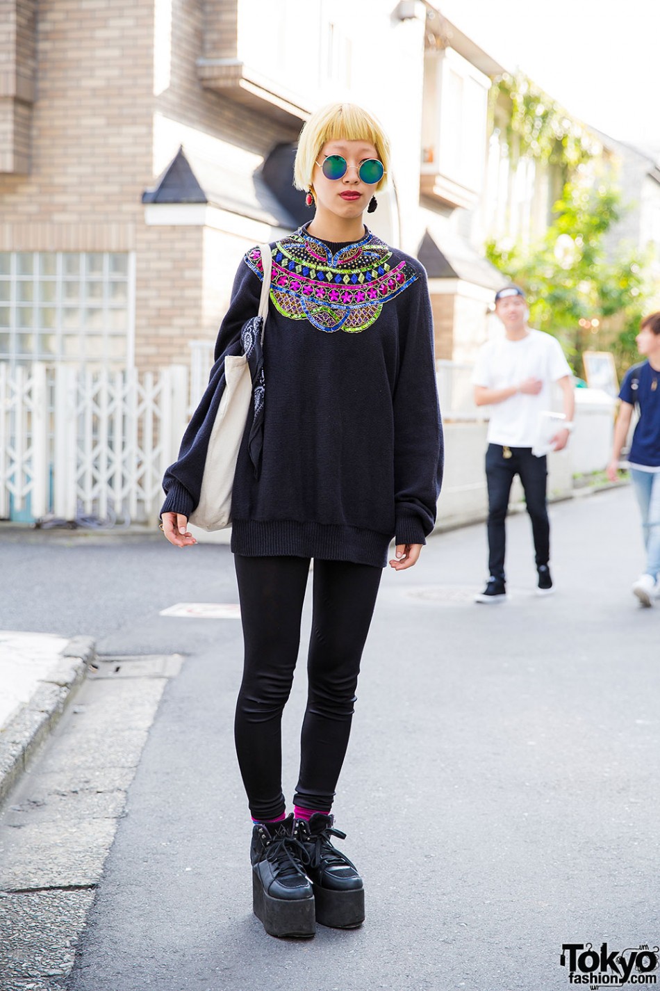Harajuku Lady Gaga Fan in Sequin Sweater, Eye Ring & YRU Platforms