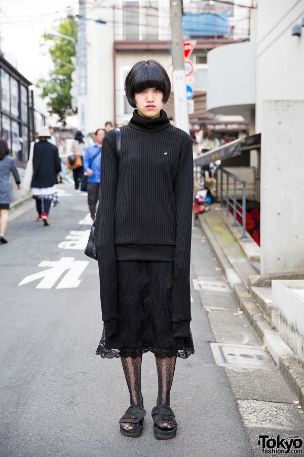 Harajuku Girl in All Black w/ Extra Long Sleeve 99% IS Turtleneck, Etienne Aigner & DKNY