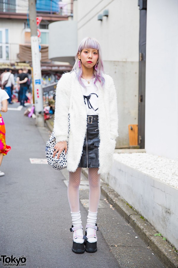 Lilac Haired Harajuku Girl in  Leather Skirt, LilLilly, Tokyo Funks & Cannabis x k3 x Vargas Platform Sandals