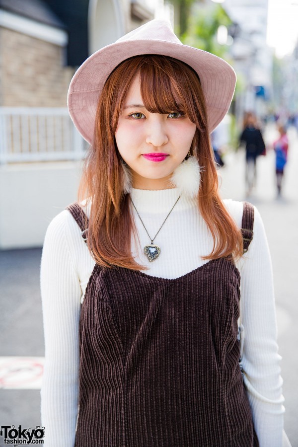 Harajuku Girl in Pink Hat, Corduroy Pinafore & Converse Sneakers ...