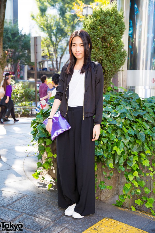 Harajuku Model in Bershka Jacket, Wide Leg Pants & Studded Purple Clutch