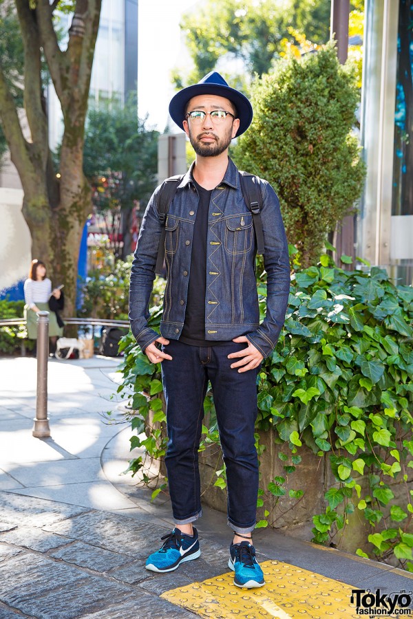Harajuku Guy in Hat & Glasses w/ AKM x Lee Denim Jacket, DSPTCH Backpack & Uniqlo Jeans