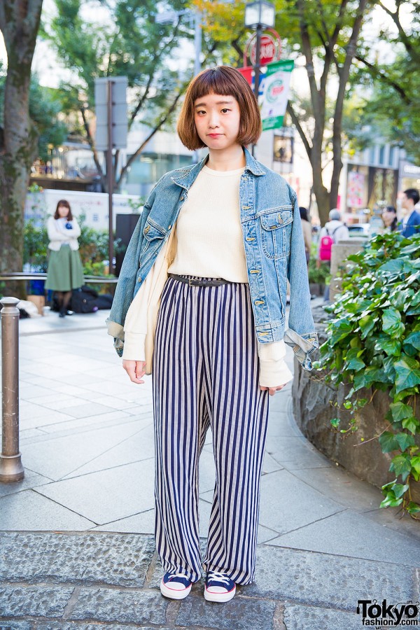 Harajuku Girl in Denim Jacket & Striped Pants