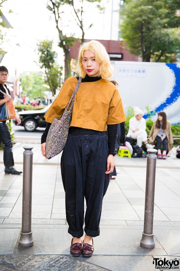 Harajuku Girl in Uniqlo Turtleneck, Vintage Top, Toga Pants & Opening Ceremony Tote