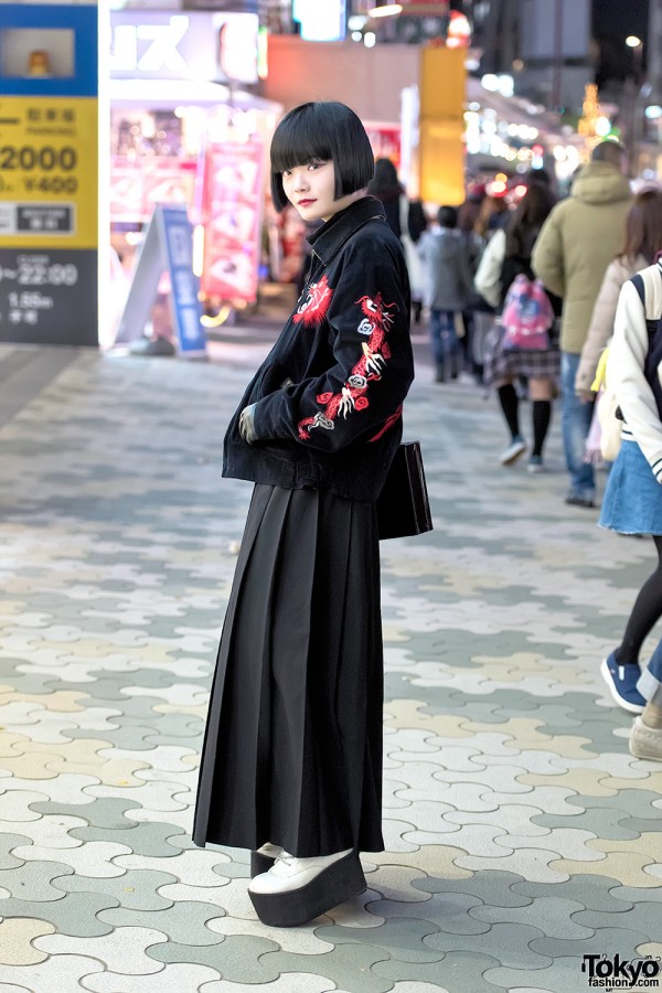 Tailor Toyo Tiger Sukajan, Black Bob & Comme Des Garcons Skirt in Harajuku