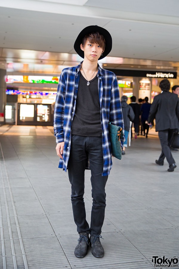 Shibuya Guy in Hat, WEGO Plaid Shirt Jacket, Skinny Jeans & Clutch Bag