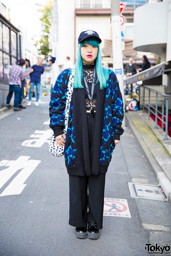 Harajuku Girl w/ Aqua Hair, Knit Coat, Lace Top, Tattoo Necklace & Plush Bag