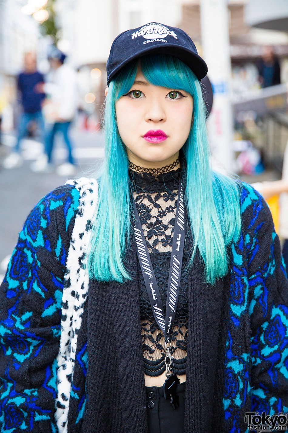 Harajuku Girl w/ Aqua Hair, Knit Coat, Lace Top, Tattoo Necklace ...