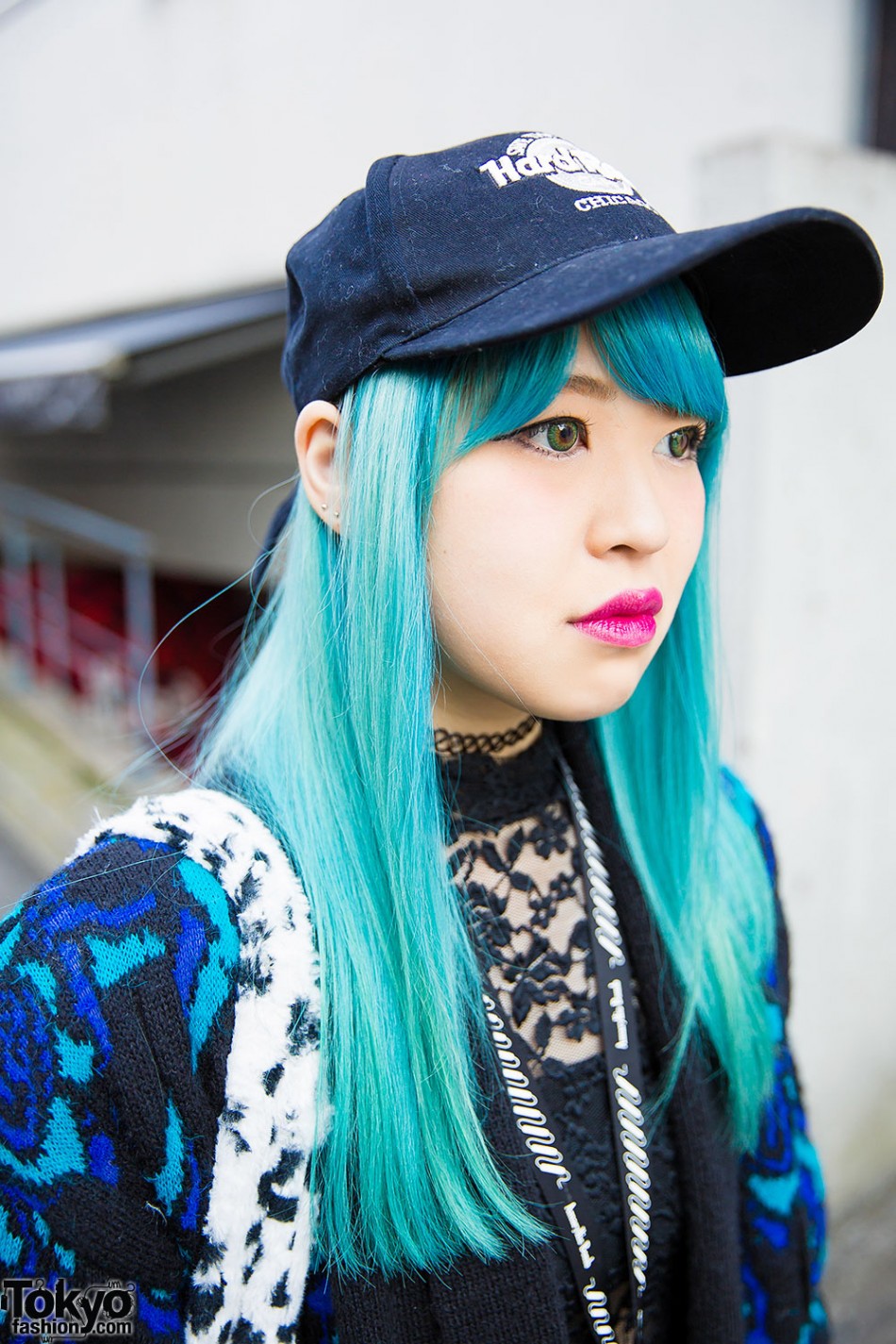 Harajuku Girl w/ Aqua Hair, Knit Coat, Lace Top, Tattoo Necklace ...