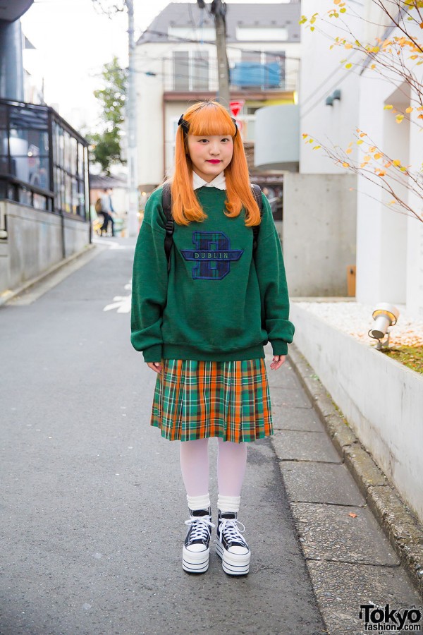 Harajuku Girl w/ Orange Hair, Oversized Sweatshirt, Plaid Skirt & Platform Converse