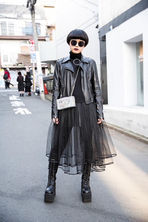 Dark Harajuku Style w/ Glad News Biker Jacket, Tulle Skirt, lilLilly Clutch & Yosuke Platform Boots