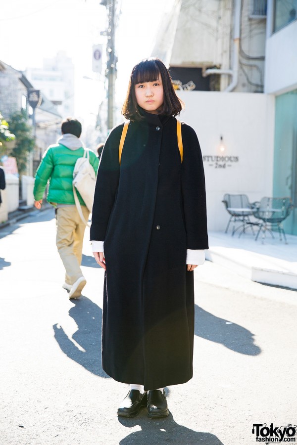 Harajuku Girl in Black Maxi Coat, Loewe Backpack & Sankaku Loafers