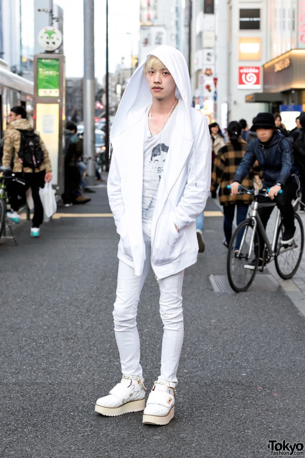 Blonde Harajuku Guy in White Hooded Jacket & Platform Shoes