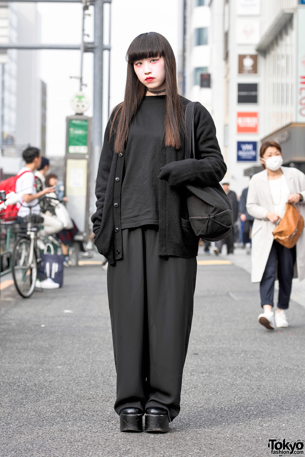 All Black Fashion by Faith Tokyo & Red Eye Makeup in Harajuku