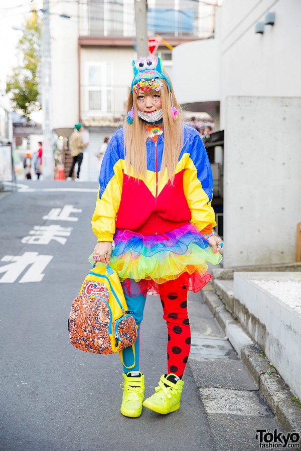 Harajuku Decora Girl in Kinji Ruffle Skirt, The Grawzulz Backpack, Monster Hat & Neon Sneakers
