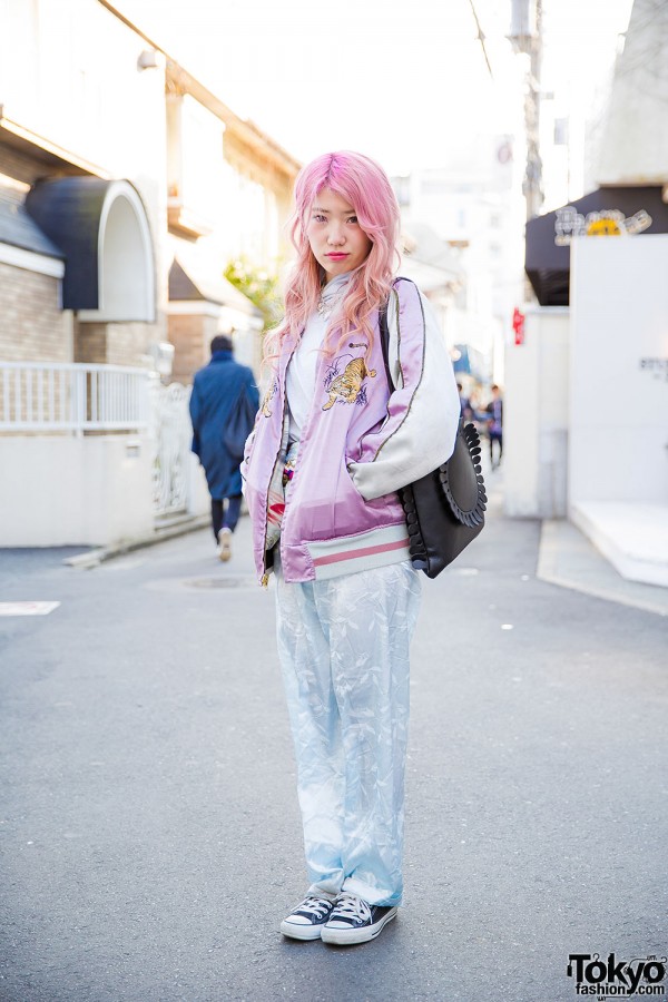 Pink Hair, Japanese Souvenir Jacket, Pajama Pants & Tokyo Bopper Bag in Harajuku