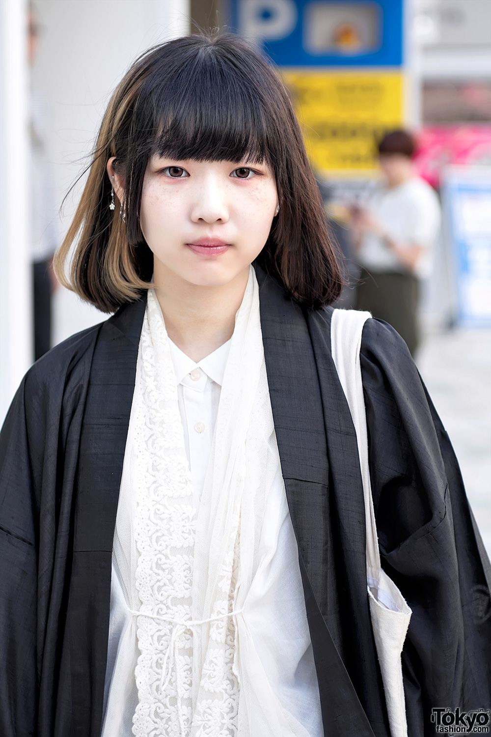 Harajuku Girl in Long Black Jacket, Knot Knee Socks & Sushi Tote Bag ...