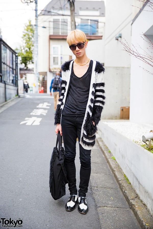 Harajuku Guy in Roen Cardigan, Helmut Lang Skinny Jeans, Comme des Garcons Bag, Dior Homme Brogues & Givenchy Sunglasses